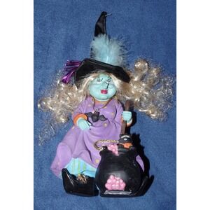 Vintage Rare HTF Novelty Halloween Witch Decor Blue Face Unique Cat Bat Cauldron